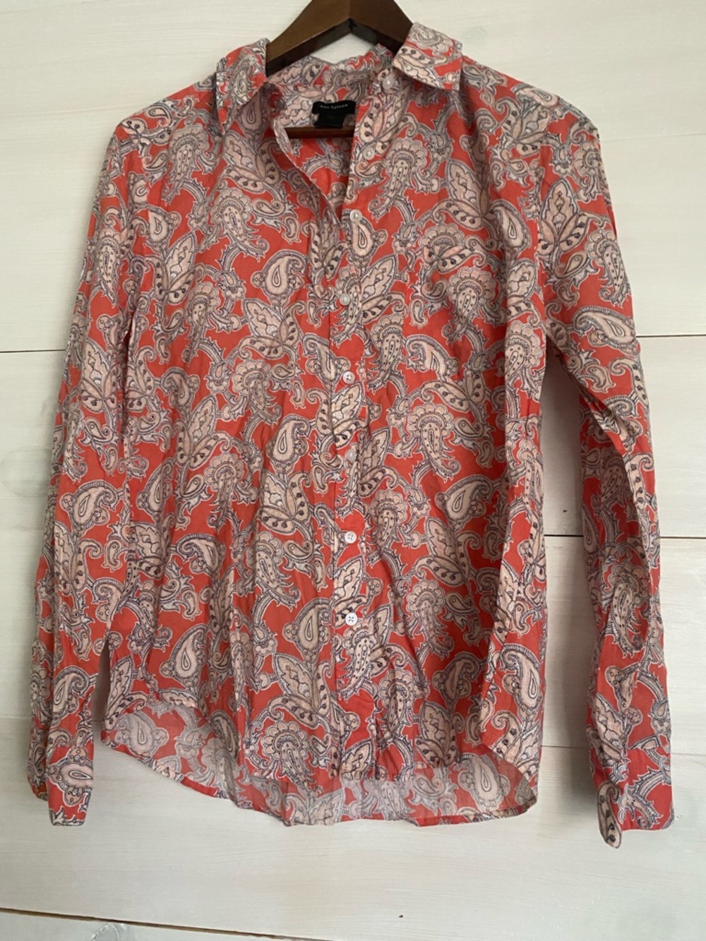 Ann Taylor Women's Small Paisley Button Down Shirt Long Sleeve Coral Multi